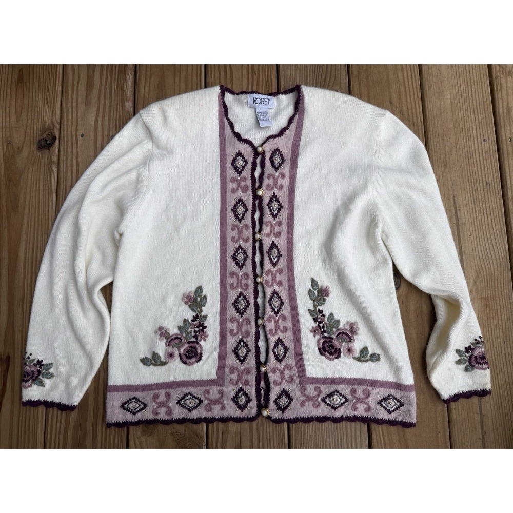 Vintage 90s Koret Cottagecore Granny Floral Embroidery Cardigan Sweater Lg Boho